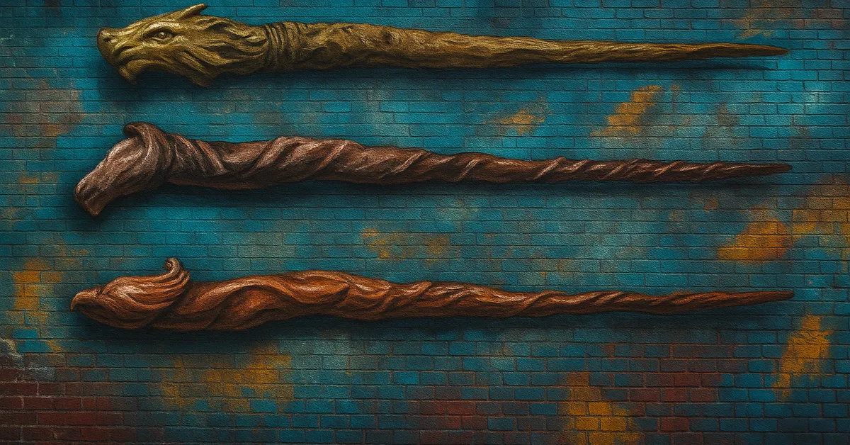 art mural of three carved wizard wands displayed on a blue brick wall with warm color accents