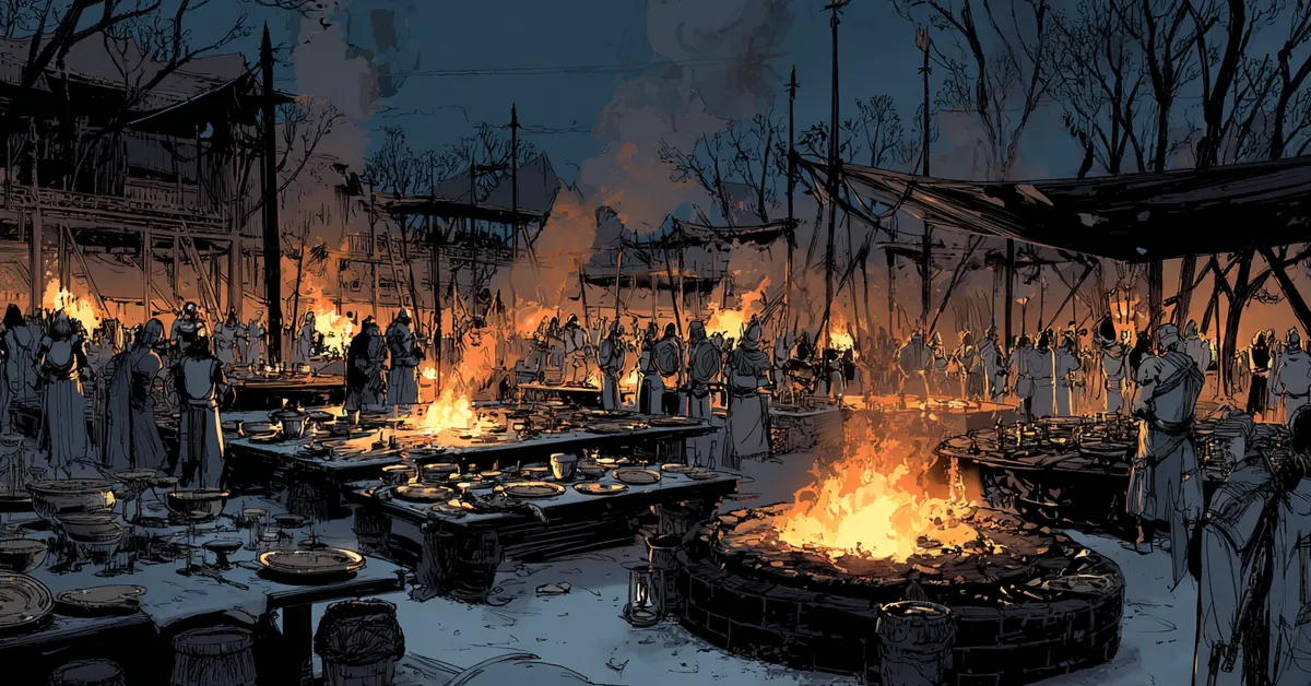 A hectic war camp lit by torches with armor scattered across tables echoing Troilus and Cressida Act 5 Scene 7