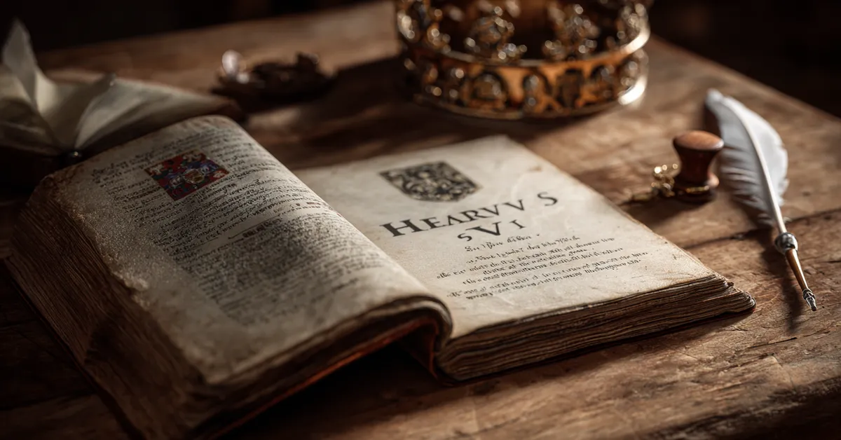 An old copy of Henry V lying open on a wooden desk beside a quill and a small crown emblem visually signaling that this image represents the full book Henry V