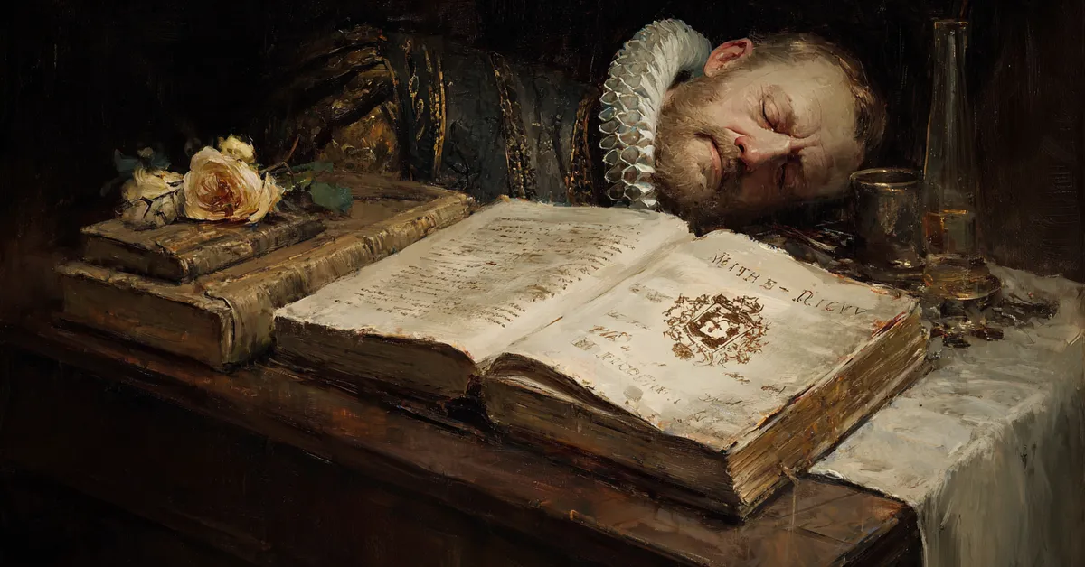 An old copy of King Henry VIII resting on a wooden desk beside a small Tudor rose emblem visually indicating the full book King Henry VIII