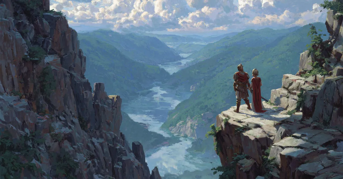 A high cliff where two nobles speak privately while overlooking a valley hinting at the plotting in Titus Andronicus Act 2 Scene 1