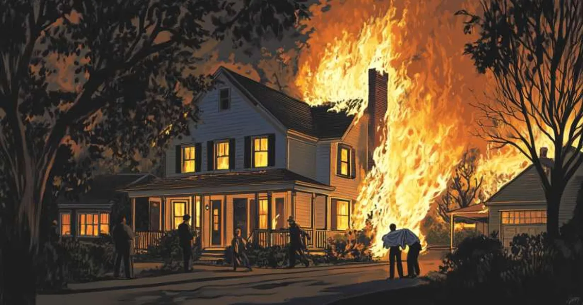 A house engulfed in flames at night while neighbors gather in the yard illuminated by firelight