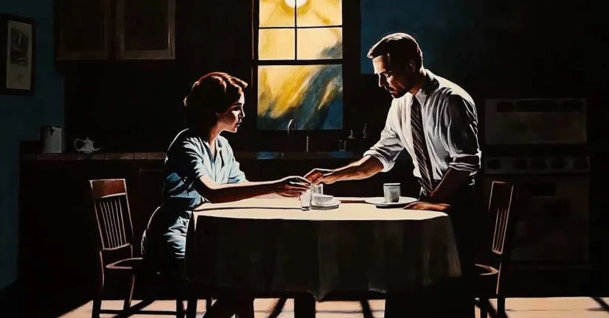 A couple sit at a small table under warm light, sharing coffee in quiet tension, reflecting All My Sons Quote Identification Quiz.