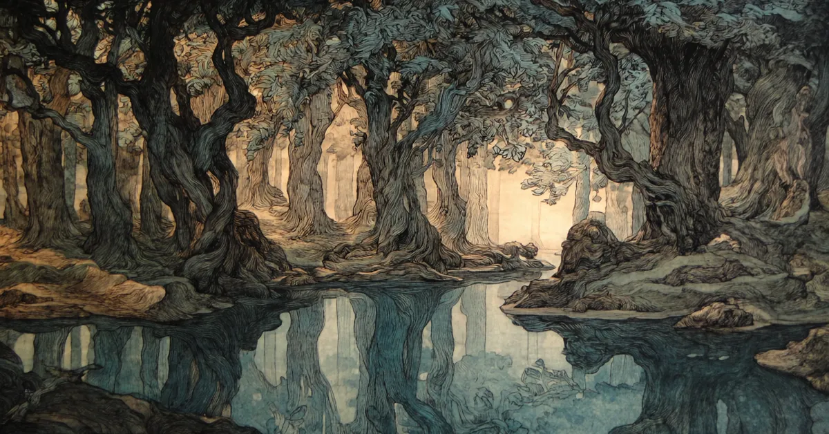 An island grove where ethereal light filters through tall trees reflecting The Tempest Act 4