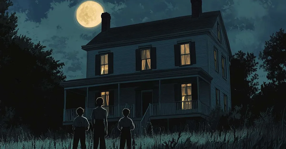 Three kids staring at a moonlit house at night with glowing windows and tall grass around them
