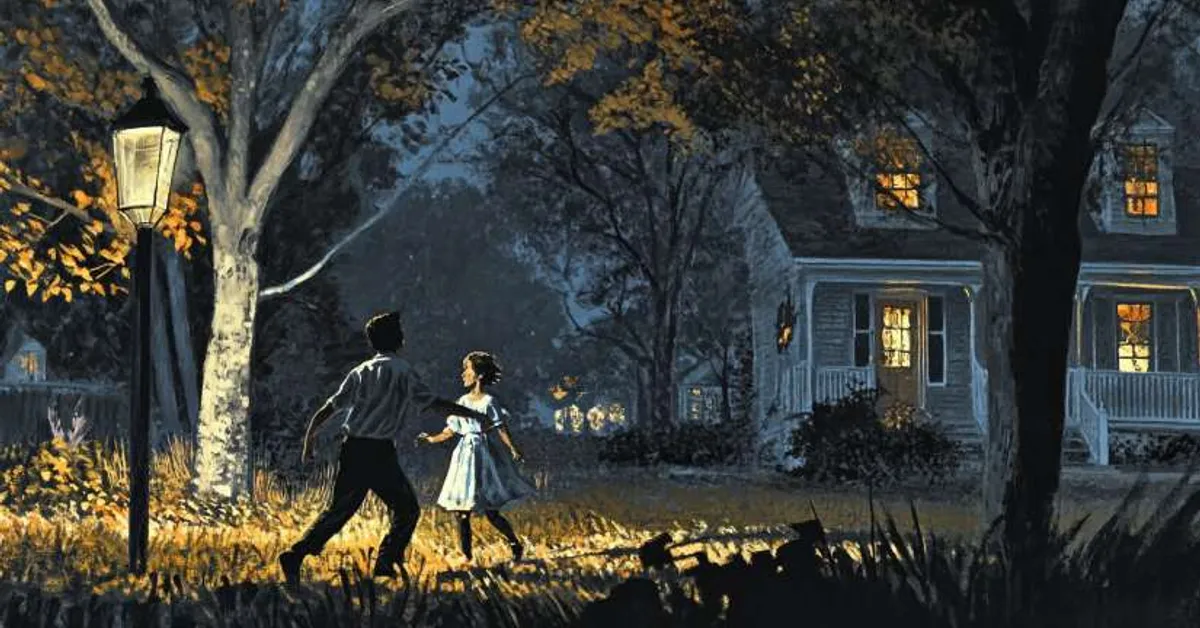 Two children walking under a streetlamp in a quiet neighborhood during a cool night