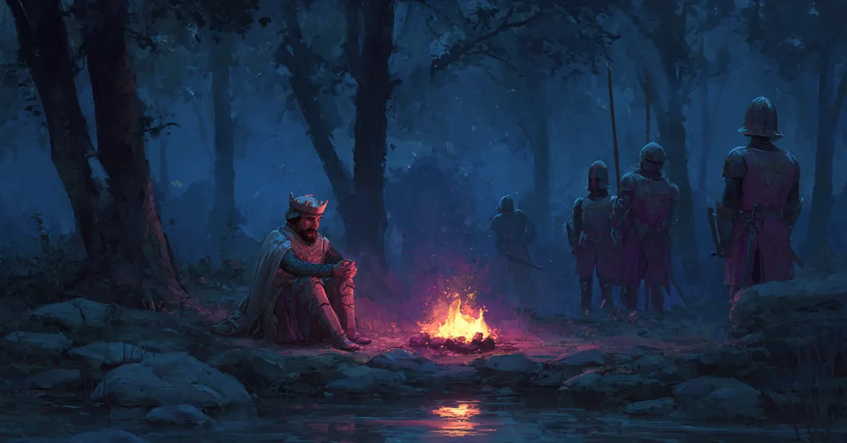 A king sitting alone near a campfire in the night shadows with guards in the distance reflecting the introspection in Henry V Act 4 Scene 1