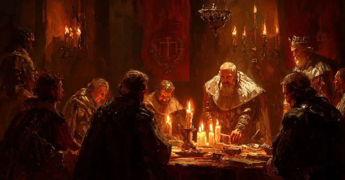 A candlelit chamber where the king meets with council members anchoring the opening tension in Henry IV Part 1 Act 1 Scene 1