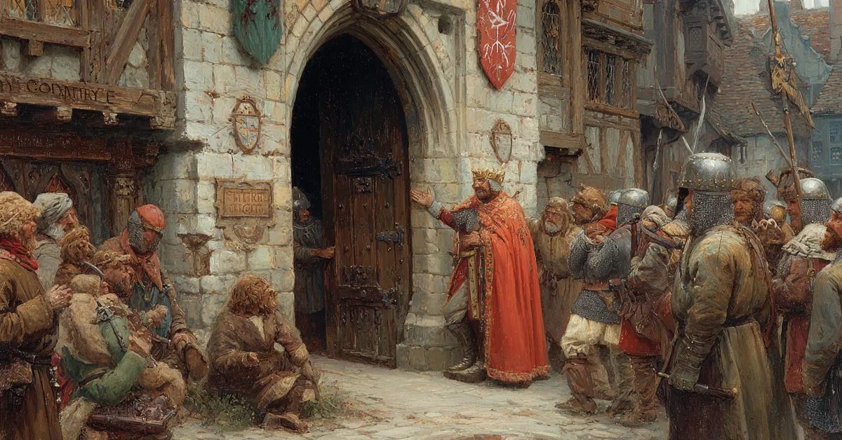 A king receiving greetings from commoners at a town gate showing the transition in Henry V Act 5 Scene 1