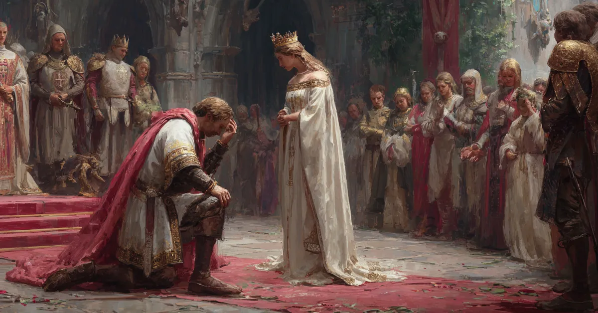 A king dismounting to meet a grieving queen beside attendants aligning with the abdication mood in Richard II Act 4 Scene 1