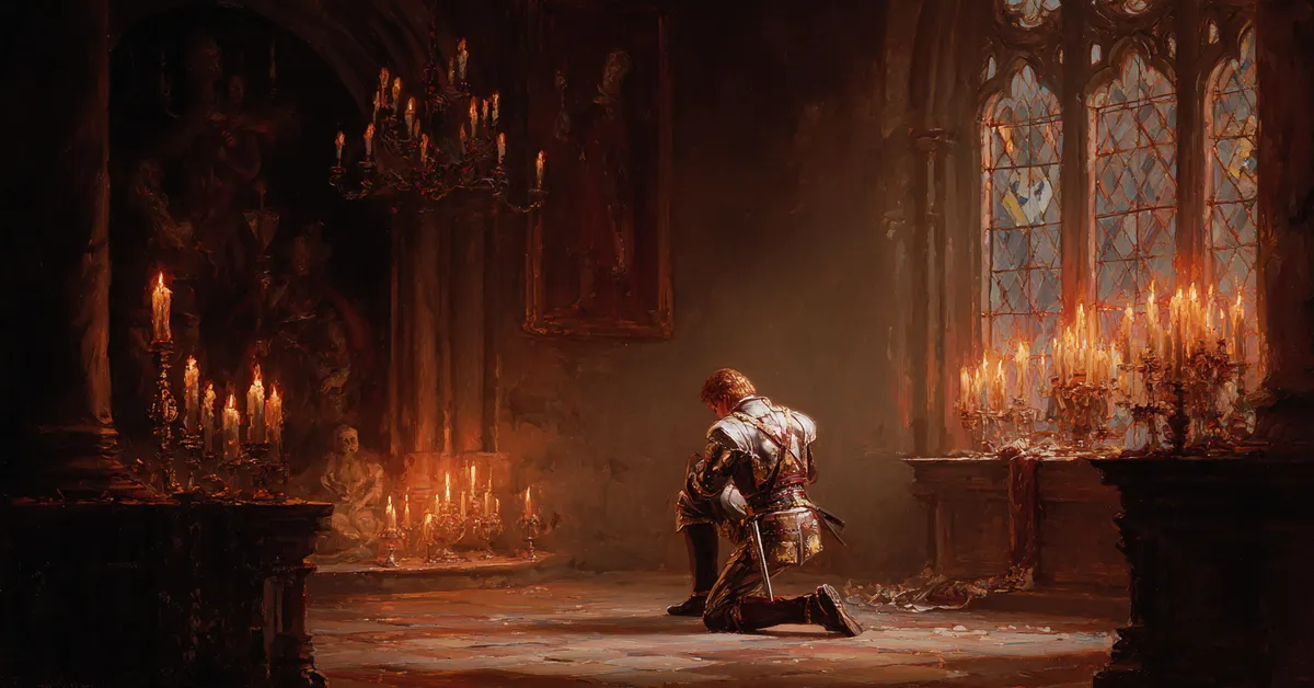 A king kneeling alone in a candlelit chapel capturing the solemn tone of Hamlet Act 3 Scene 3
