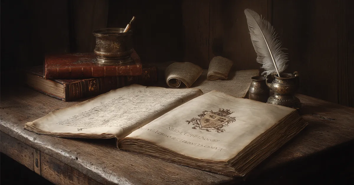 A wooden table holding an old copy of King John open beside a quill and a faint royal crest clearly signaling the full text in King John Full Book