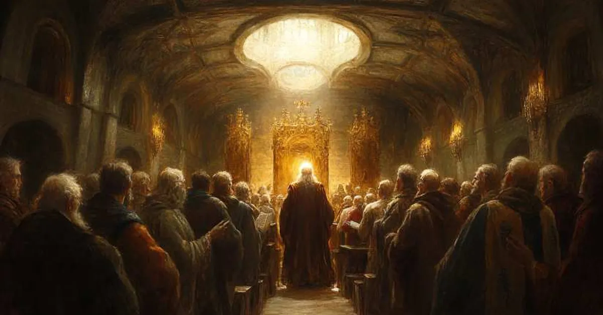 illustration of king lear dividing his kingdom among daughters in a royal court setting