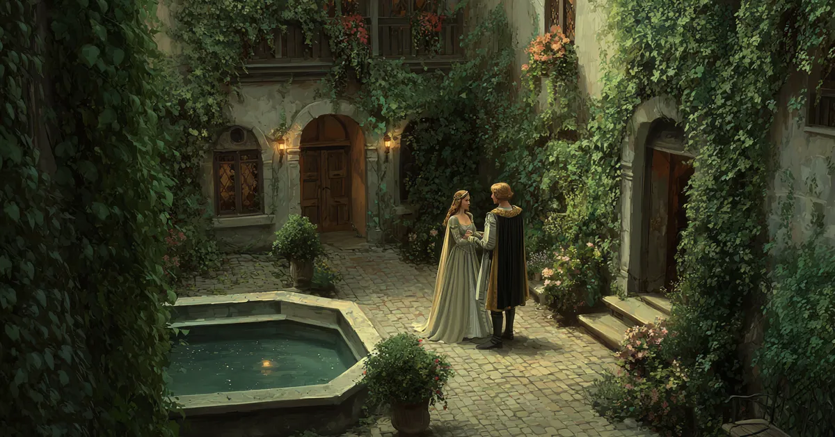 A king and a French princess speaking in a quiet courtyard with ivy covered walls capturing the courting scene of Henry V Act 5 Scene 2