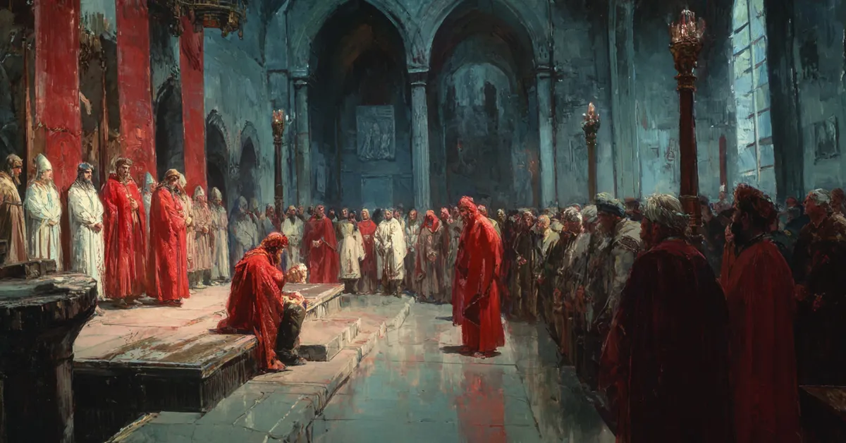 A king’s hall where courtiers stand tensely before a throne under high arches capturing the strained beginning of The Winter’s Tale Act 1