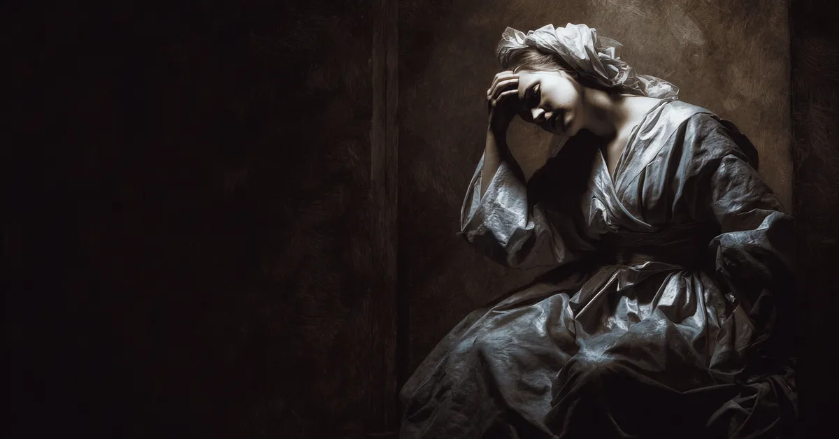 Lady Macbeth sitting in a shadowed chamber with a troubled expression showing Macbeth Act 3 Scene 2