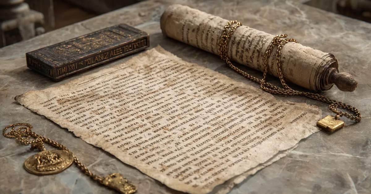 A parchment filled with Latin vocabulary beside a wax tablet connecting visually to the terms studied in the vocabulary quiz