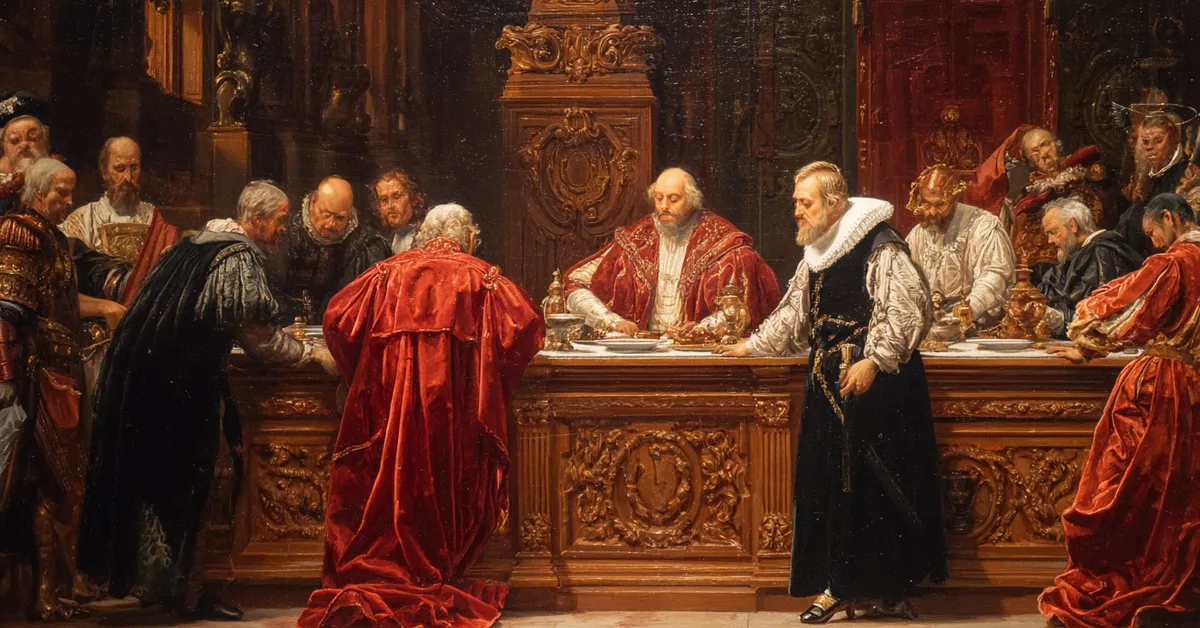 A lavish courtroom where supplicants bow before a richly dressed noble highlighting the requests in Timon of Athens Act 2