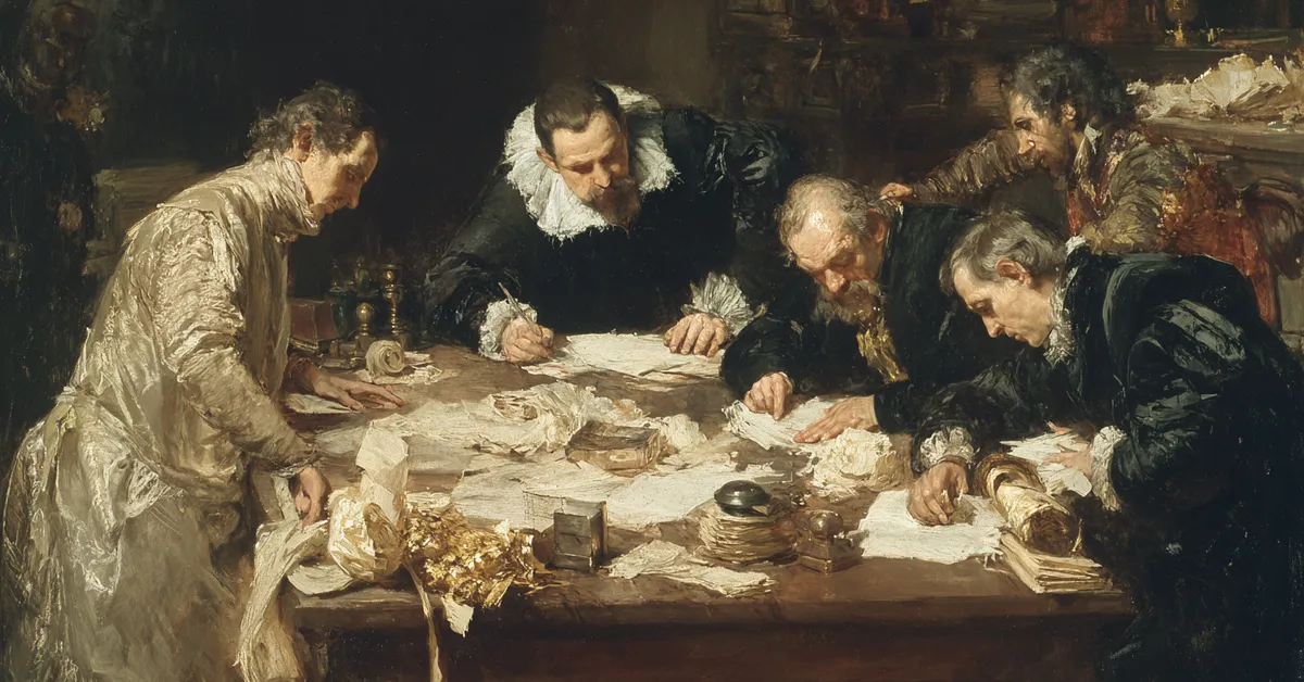 A cramped law office with clerks bending over scrolls and a serious clerk stamping documents reflecting the legal wrangling in Henry IV Part 2 Act 2 Scene 2