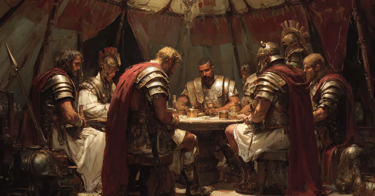 Leaders gathered around a central table in a war tent reflecting Act 5 Scene 5