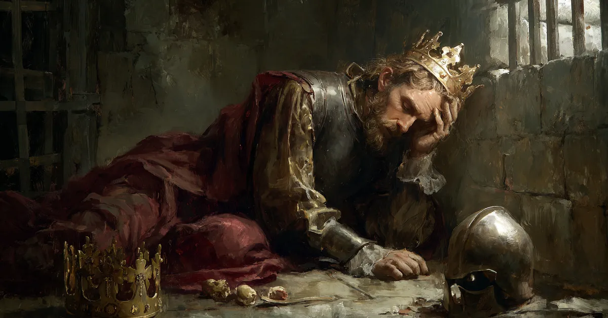 A lonely cell where a fallen crown lies beside the imprisoned king capturing the downfall in Richard II Act 5 Scene 3