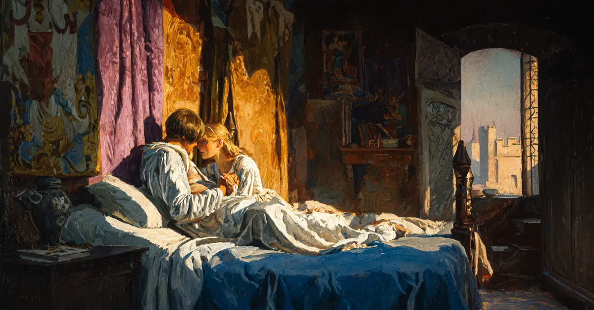 A dawn lit bedroom where two lovers part reluctantly anchoring Romeo and Juliet Act 3 Scene 5
