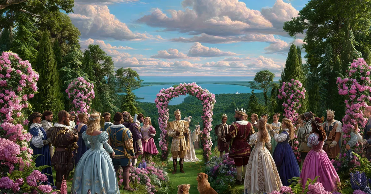 King Ferdinand and his lords swearing an oath of study before sealing the promise in Act 1 of Love�s Labour�s Lost