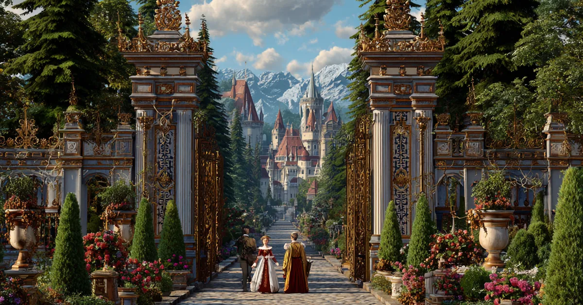 The Princess of France arriving with her attendants at the gates of Navarre�s court in Act 2 of Love�s Labour�s Lost