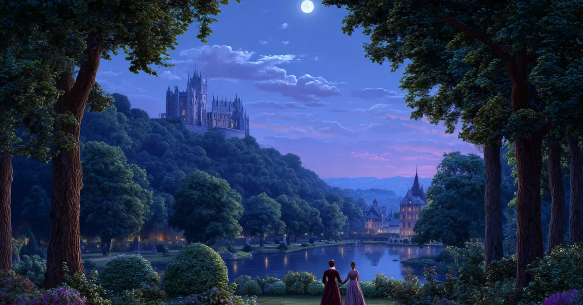 Courtiers hiding behind trees overhearing love confessions under moonlight in Act 3 of Love�s Labour�s Lost