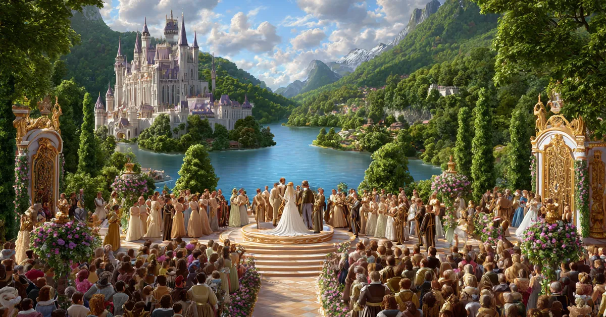 Elaborate courtly masque scene with nobles in disguise performing for the Princess in Act 4 of Love�s Labour�s Lost