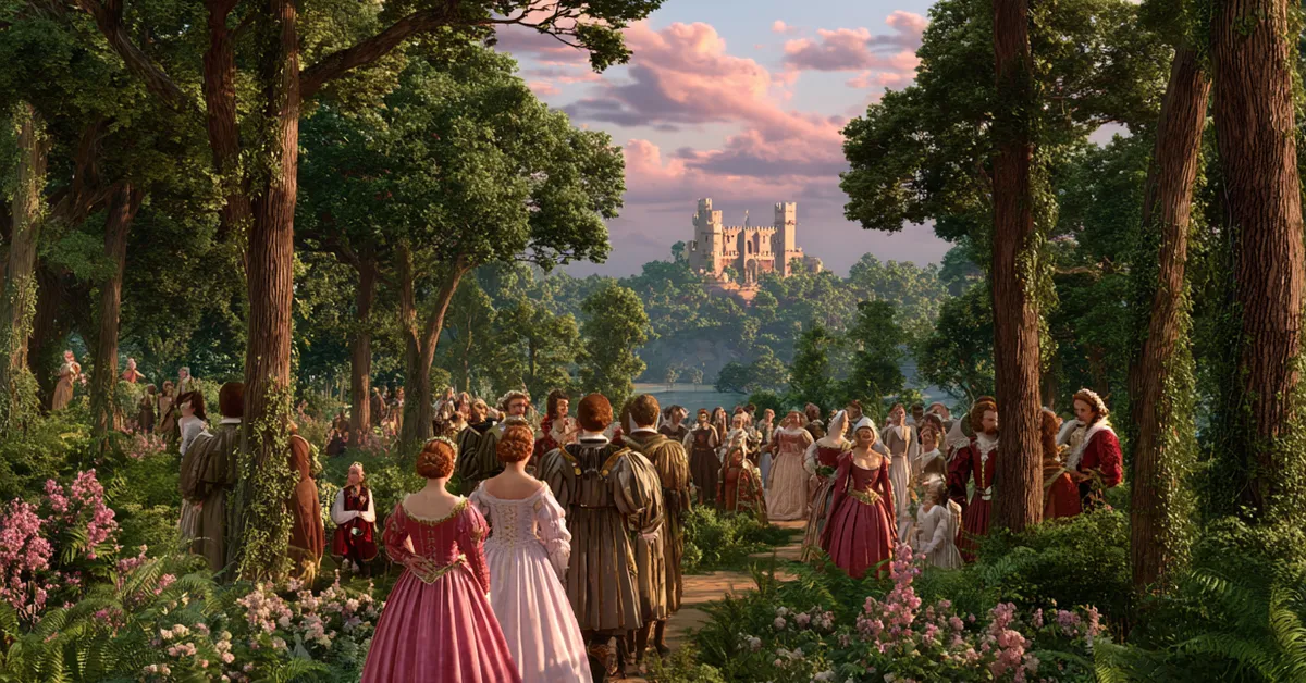 The Princess and her ladies bidding farewell to the humbled courtiers in the closing moments of Act 5 of Love�s Labour�s Lost