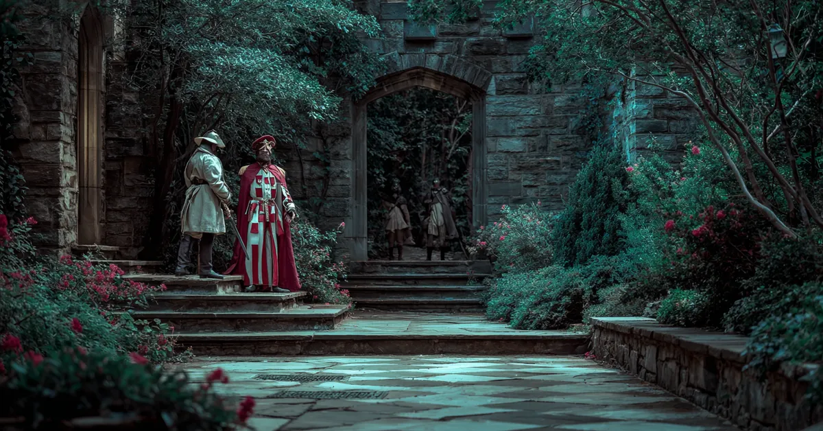 Macbeth standing tensely in a castle garden as assassins approach representing Macbeth Act 3 Scene 1