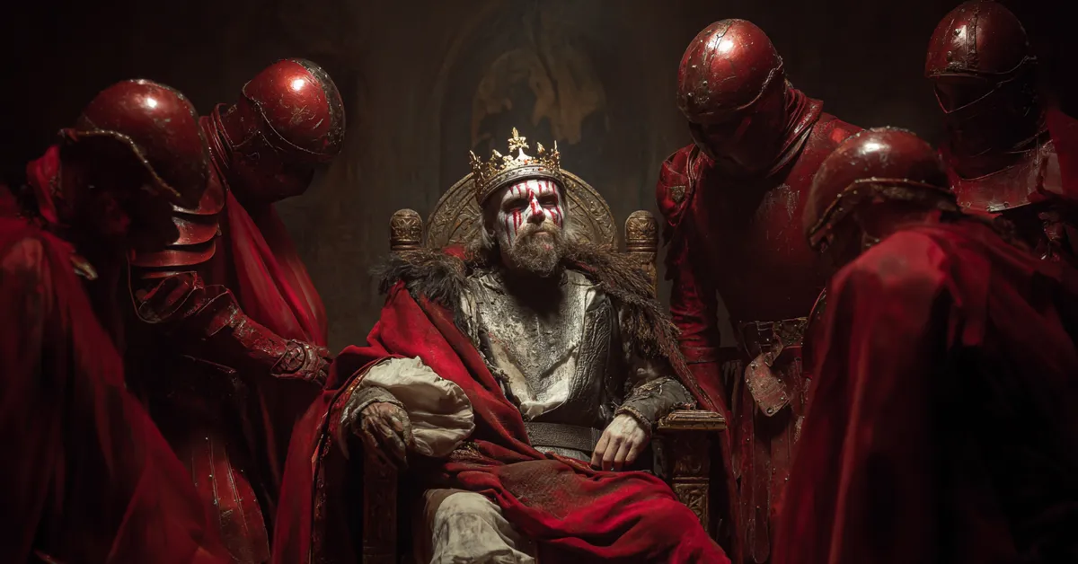 Macbeth raging upon a throne with guards around him showing Macbeth Act 5 Scene 3
