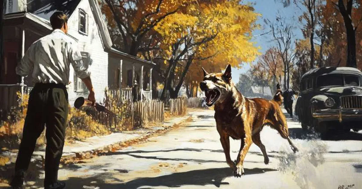 A man facing an aggressive dog in a sunlit neighborhood street capturing a dramatic moment