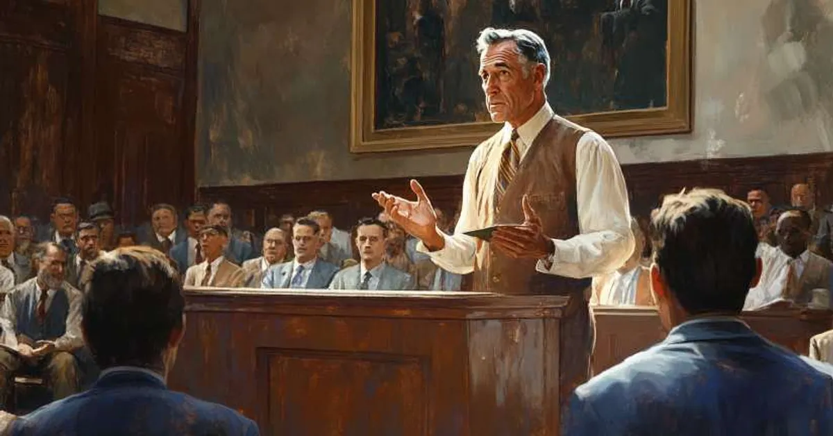 A man giving a serious statement in a crowded courtroom filled with observers