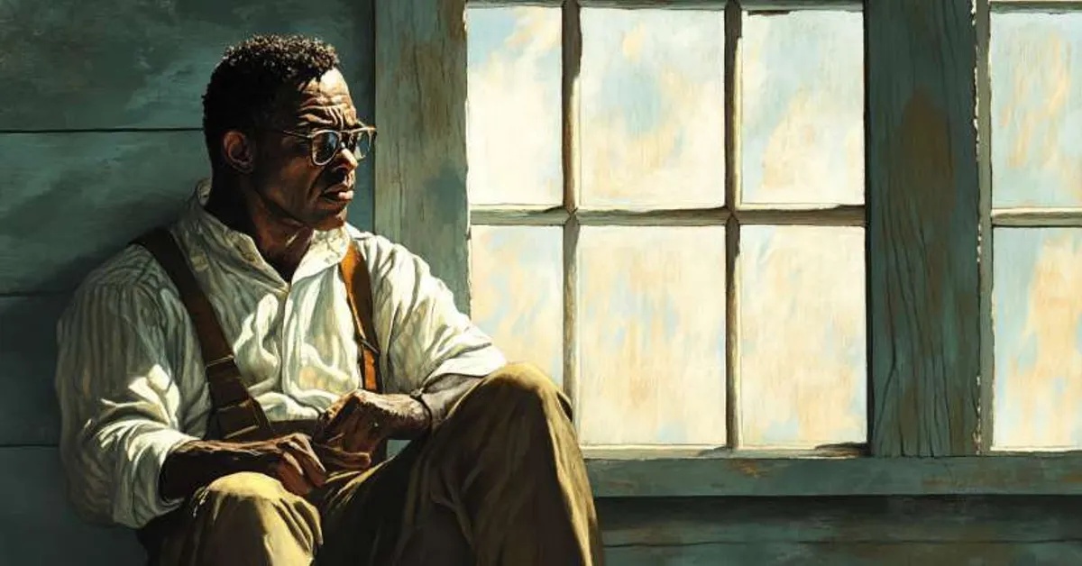 A man sits beside a window in soft light appearing deep in thought