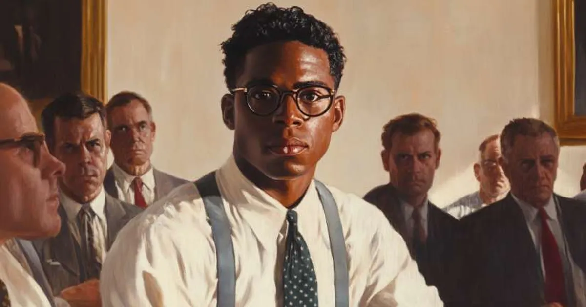 A man sitting in a courtroom surrounded by serious onlookers in a tense legal atmosphere