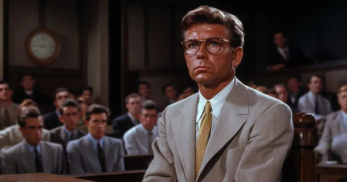 A man sitting tensely in a courtroom while rows of spectators watch from behind him