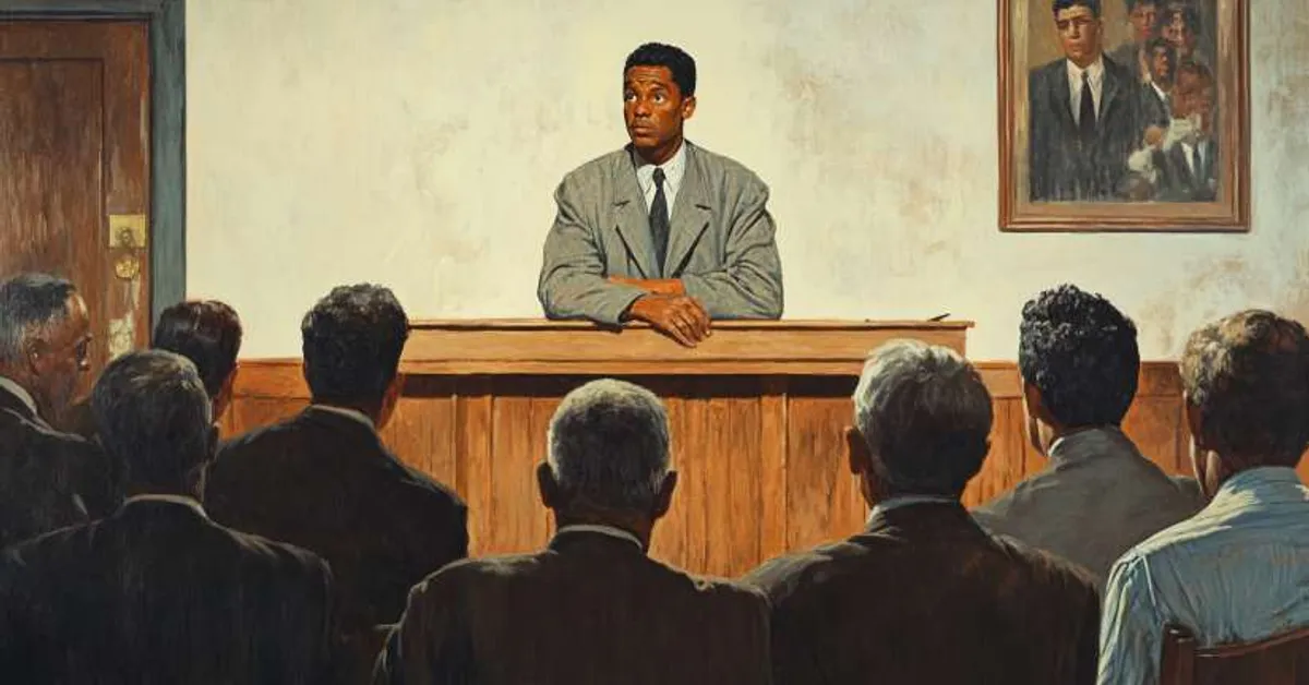 A man standing at the witness stand addressing a courtroom full of onlookers