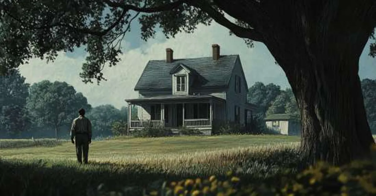 A lone figure walking across an open field toward an old rural house surrounded by trees