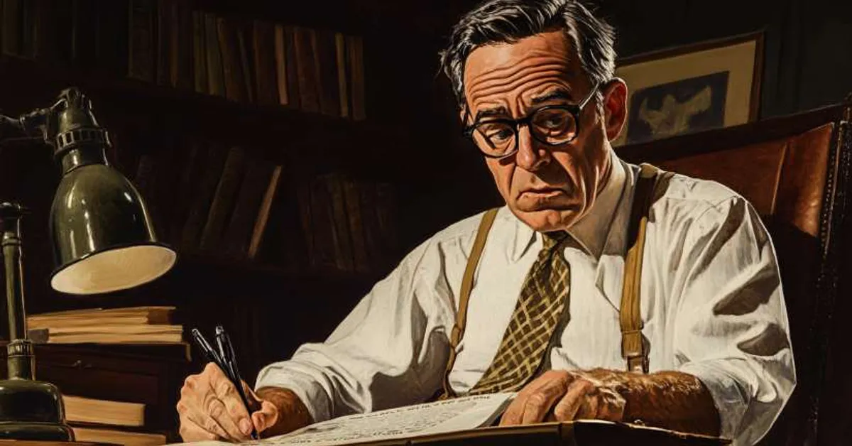 A man working late at his desk under a lamp surrounded by books and papers