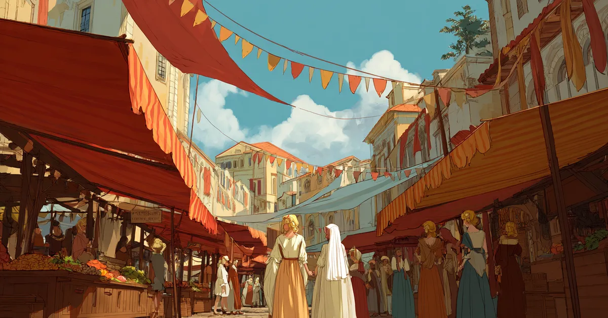 A lively market street where Cressida and her nurse walk beneath awnings showing Troilus and Cressida Act 1 Scene 2