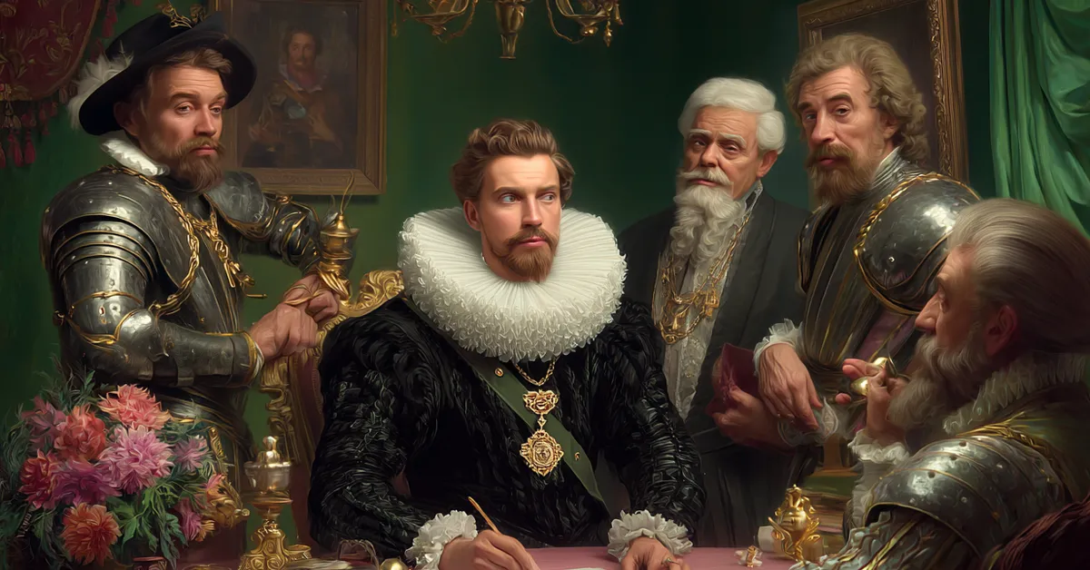 The Duke of Vienna entrusting authority to Angelo and leaving the court in Act 1 of Measure For Measure