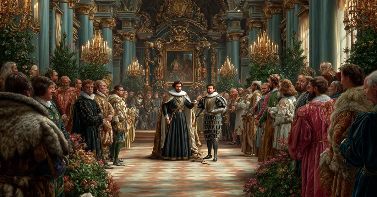 The Duke announcing Angelo as temporary ruler in a regal Athenian-style hall from Act 1 Scene 1