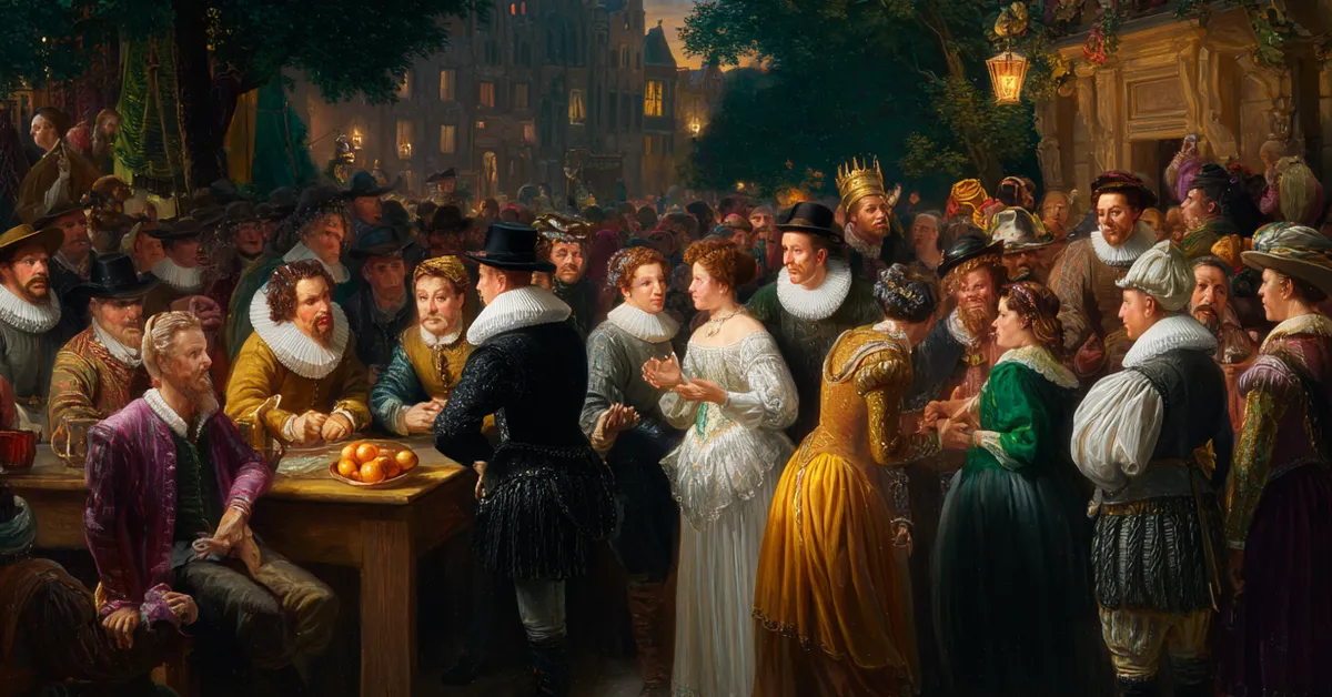 Citizens debating law and pleasure in a busy Viennese street scene from Act 1 Scene 2