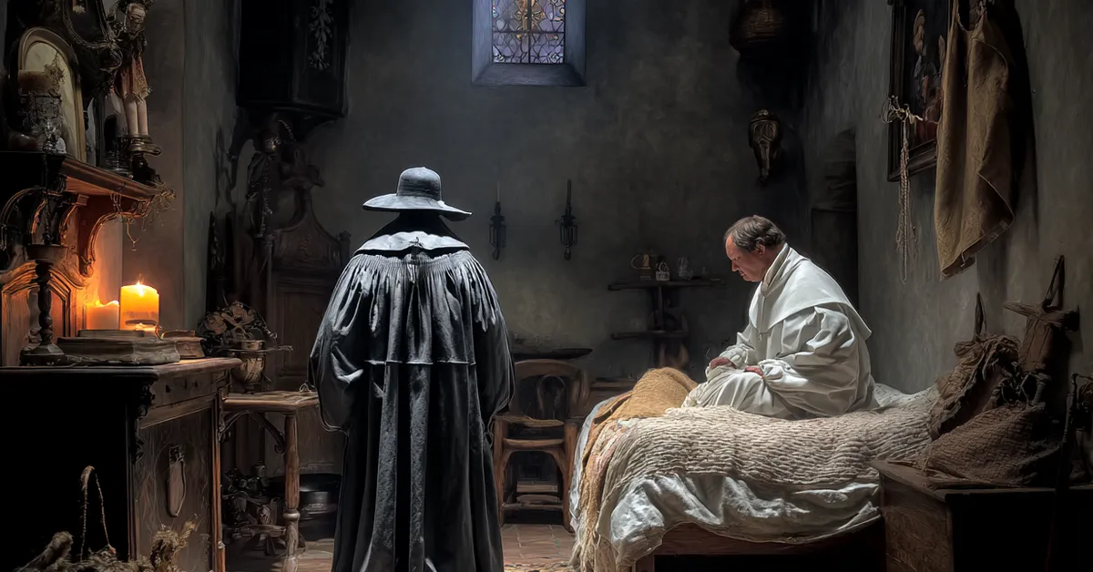 The Duke donning friar robes in a monastery cell to observe his people unseen in Act 1 Scene 3