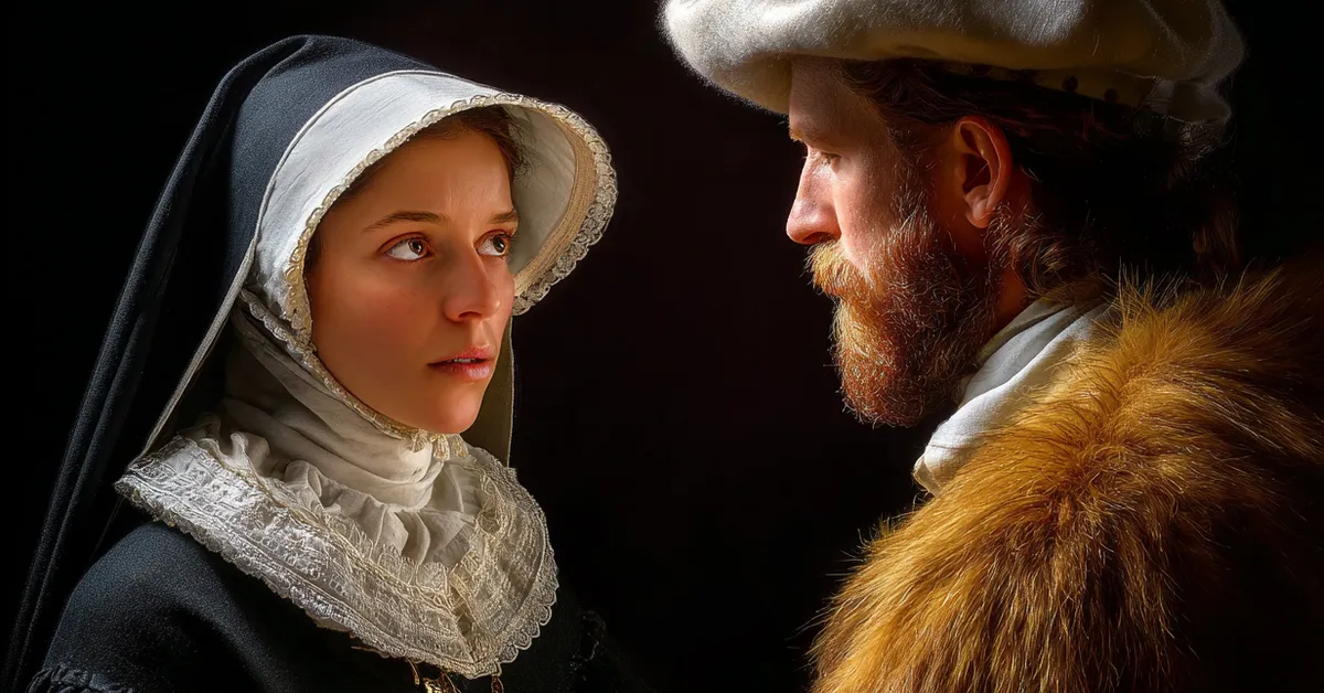 Isabella in convent robes receiving news about Claudio�s arrest from Lucio in Act 1 Scene 4