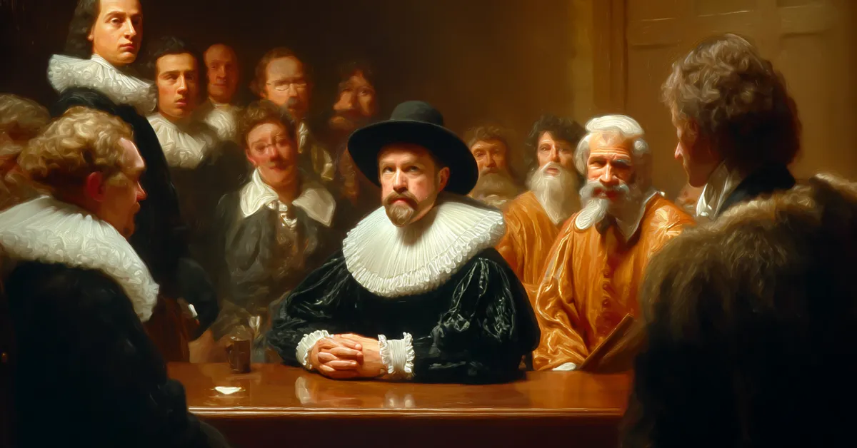 Escalus presiding over petty offenders and moral cases in a courtroom in Act 2 Scene 1