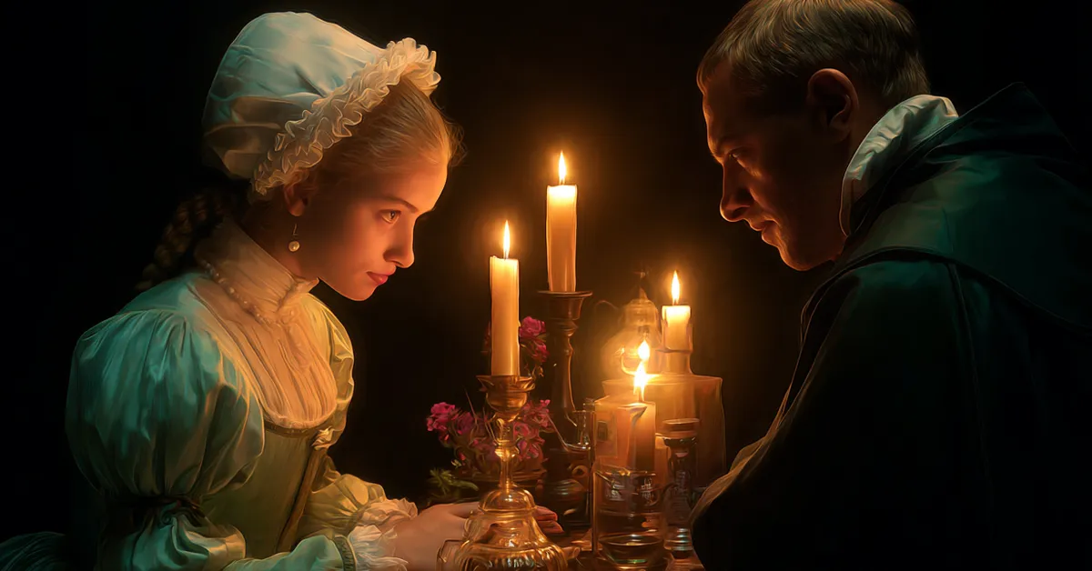 Juliet confessing her sin before Friar Peter under candlelight in Act 2 Scene 3