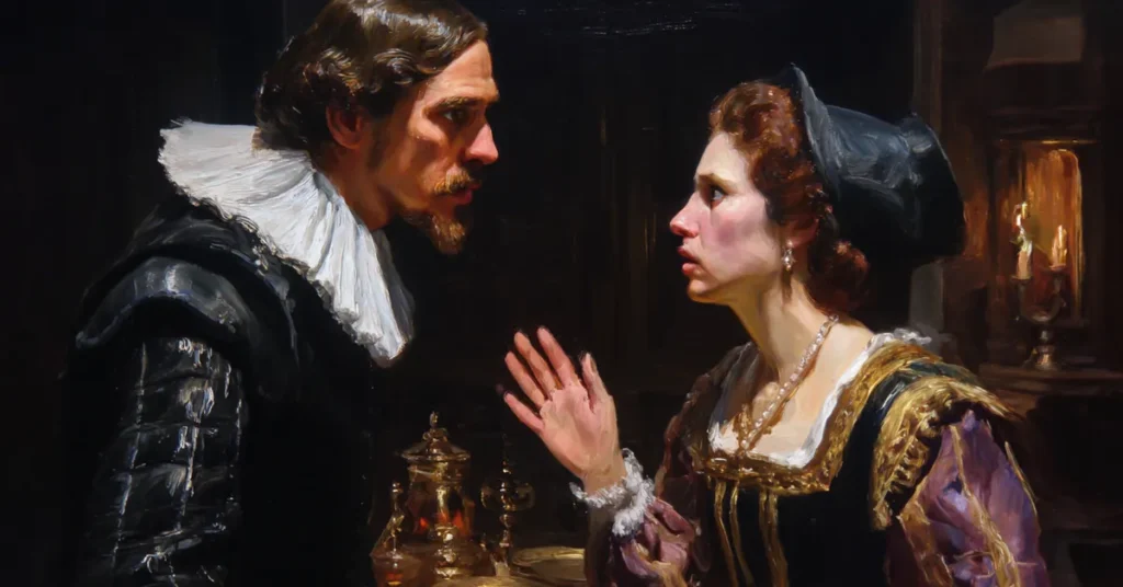 Angelo confronting Isabella with his corrupt proposal in a tense chamber in Act 2 Scene 4